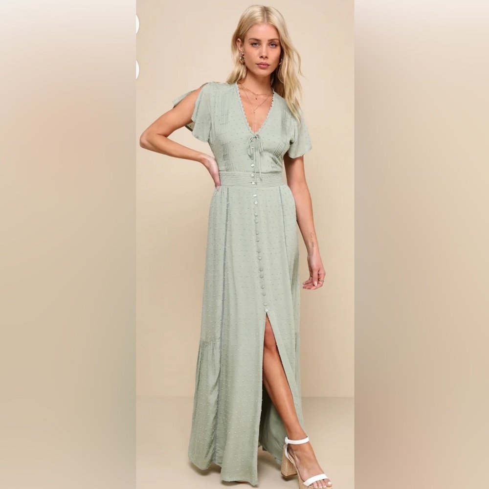 50% off FLASH SALE! Lulu’s Sage Green Swiss Dot Button-Front Maxi Dress- XL